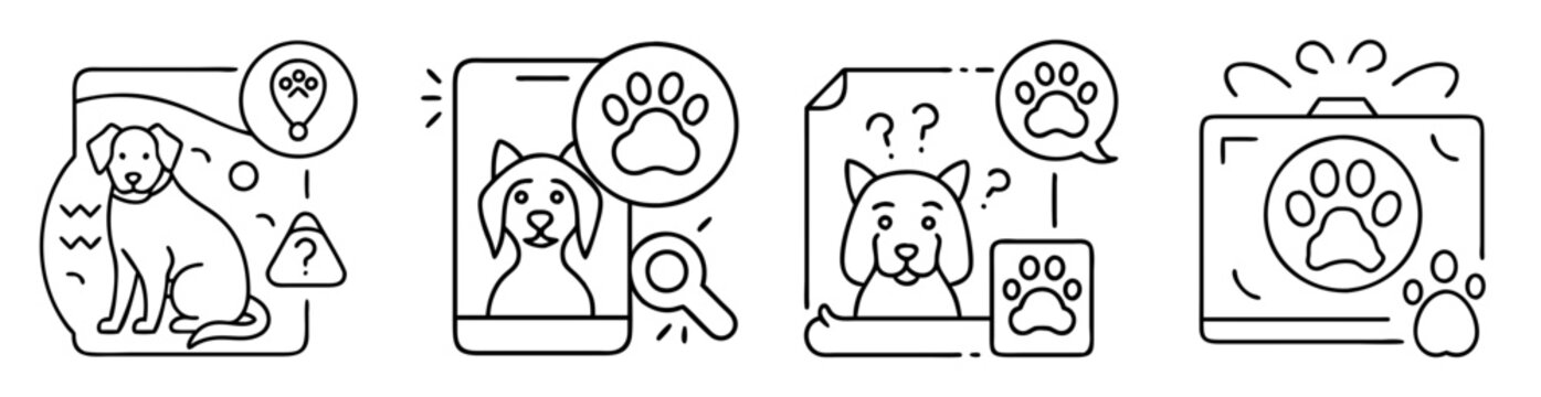 Line art illustrations depicting lost dogs and related search concepts