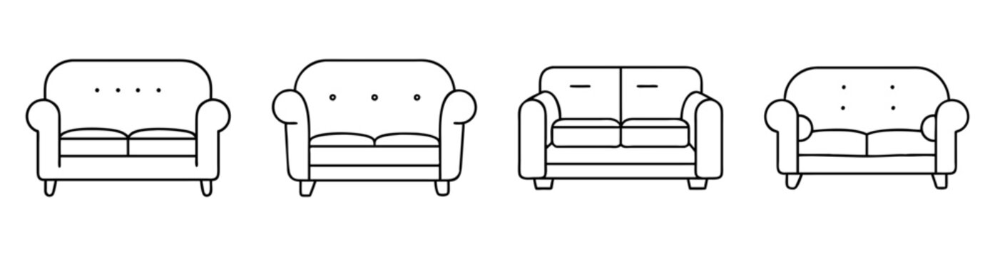 black and white line art image of various sofas and love seats
