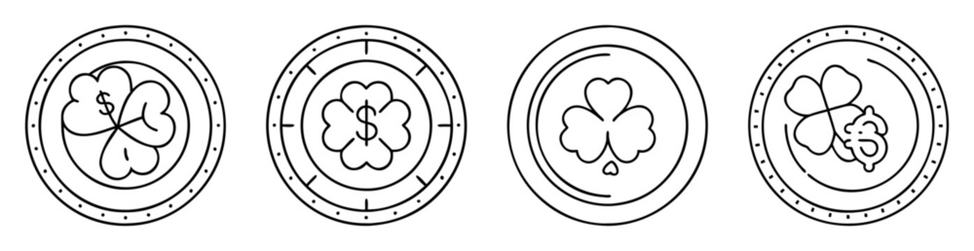 Four St Patrick's Day themed coins with shamrocks and dollar signs