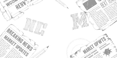Obraz premium Sketchy newspaper clippings with headlines like breaking news market updates and market upwts with pencils