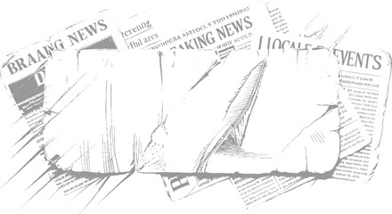 Fototapeta premium Scattered grey newspapers with torn edges and visible headlines and text print