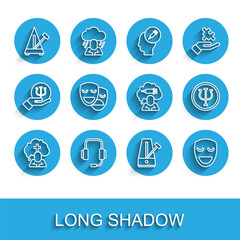 Fototapeta premium Set line Man graves funeral sorrow, Psychologist online, Metronome with pendulum, Comedy theatrical mask, and tragedy masks, Psychology, Psi and Addiction to drug icon. Vector