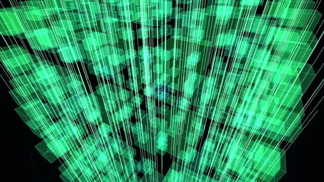dark steel monolith fractures into glowing emerald shards, routing data streams. Visualizes database sharding and horizontal scaling. Works for enterprise IT and data center brand films.
