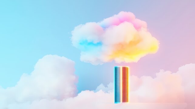 A glowing server tower with cloud accents, surrounded by a sky backdrop, copy space at the bottom, advertising background