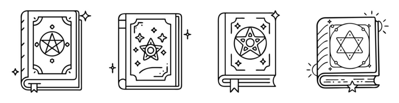 Collection of magical spell books with pentagram and hexagram design