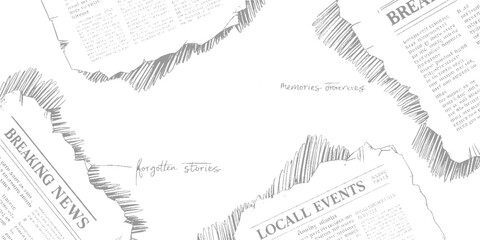 Torn grey newspaper fragments with handwritten text and sketched lines on white background © appl
