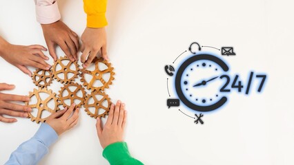 Obraz premium Hands gather around wooden gears symbolizing teamwork and collaboration, emphasizing the importance of continuous service and reliable support available around the clock. Raster