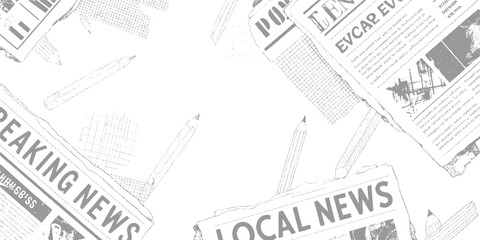 Fototapeta premium Scattered newsprint pages and pencils in a monochromatic style newspaper paper