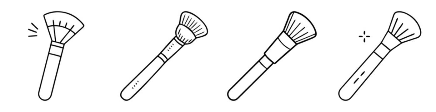 Four elegant makeup brush illustrations in a black and white outline style