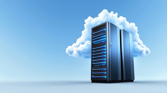 A glowing server tower with cloud accents, surrounded by a sky backdrop, copy space at the bottom, advertising background