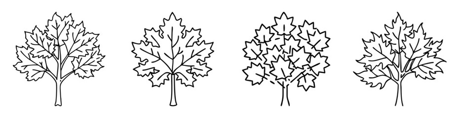 Obraz premium Four outline drawings of trees with uniquely shaped leaves and trunks
