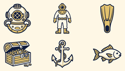 Vintage nautical exploration vector icon set with diving gear © Ghaghah24