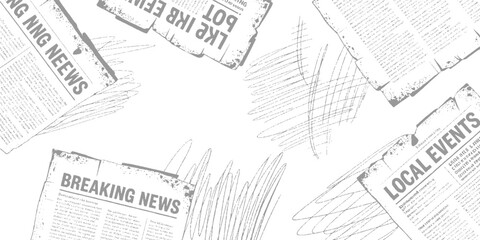 Obraz premium Scattered grey newspapers with headlines breaking news and local events and scribbled lines
