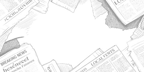 Obraz premium Torn grey newspaper pages with text and headlines arranged in a border on white background