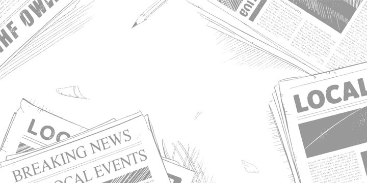 Scattered newspapers with headlines breaking news and local events in grayscale 1