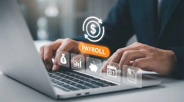 Professional person typing on laptop managing digital payroll and financial transactions in an offic