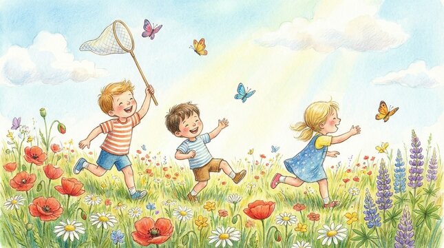 Illustration of children running through a field of flowers with butterfly nets catching butterflies on a sunny day