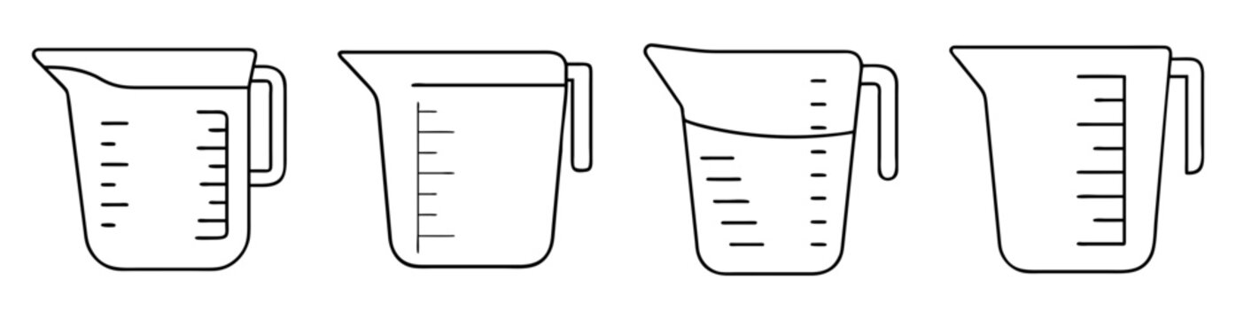 Stylized black and white drawing of four measuring cups with handles