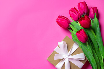 Bunch of tulips and gift box, Mother's Day concept