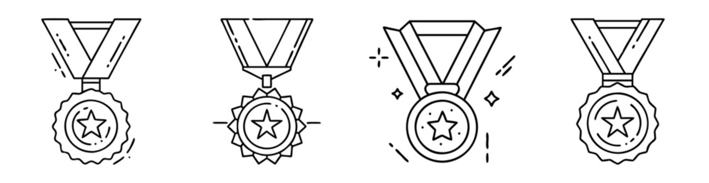 Line art illustration of four star award medals hanging on ribbons