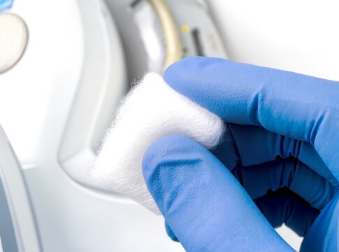 Doctor's hand in blue nitrile glove holding a sterile cotton pad.