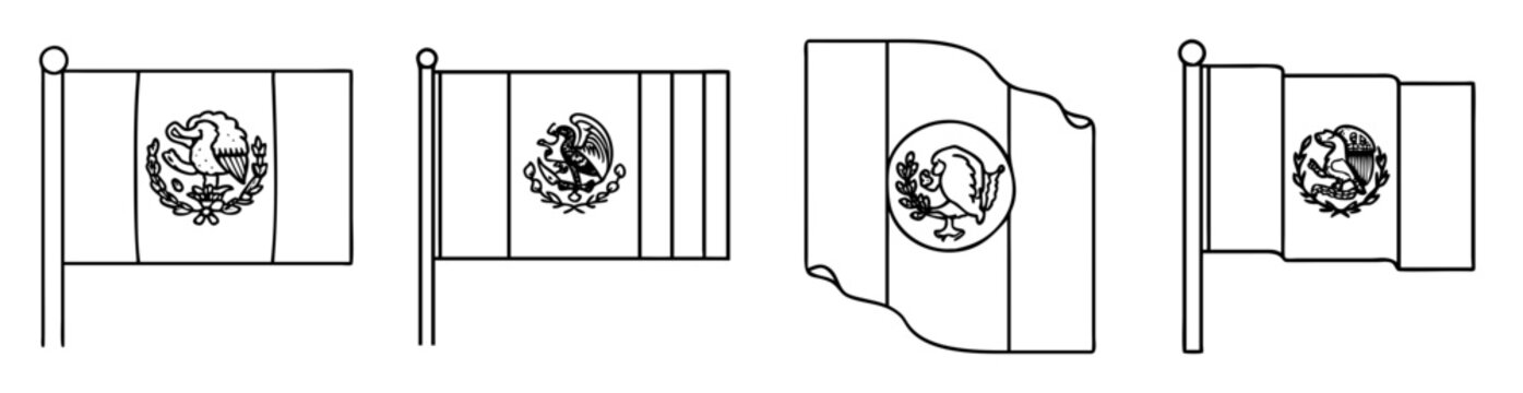 Four line art drawings of the Mexican flag in different orientations