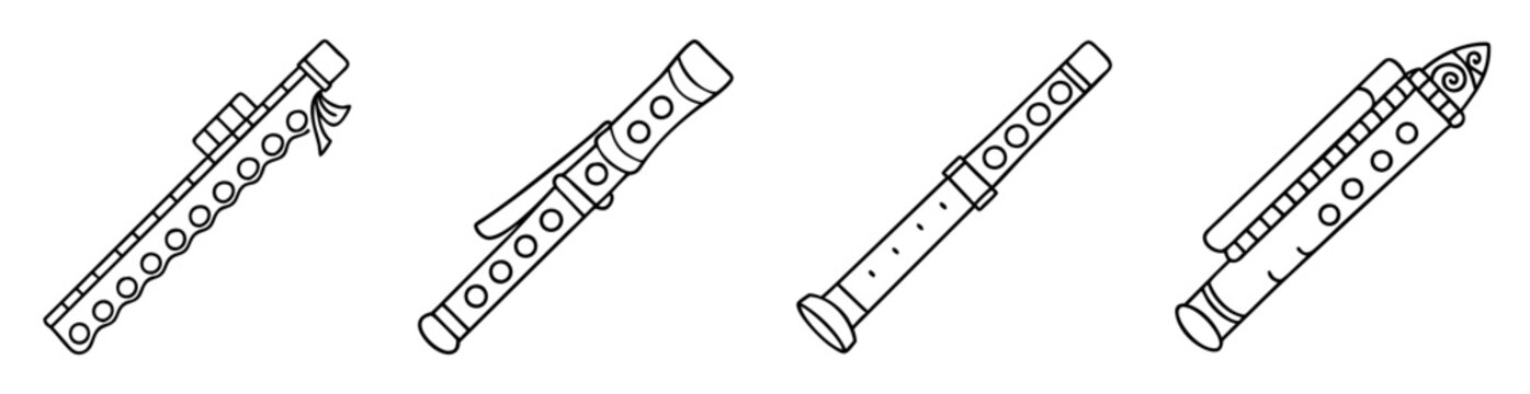 Line art illustration of four different types of flutes in a row