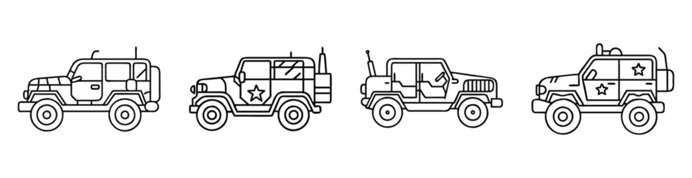 Line art illustration of four distinct military jeeps with various configurations