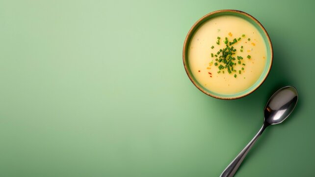Creamy vegetable soup in a ceramic bowl garnished with fresh green chives served with a metal spoon on a minimalist pastel green background for healthy dining