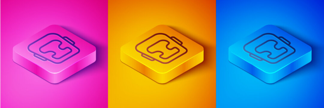 Isometric line Boxing helmet icon isolated on pink and orange, blue background. Square button. Vector