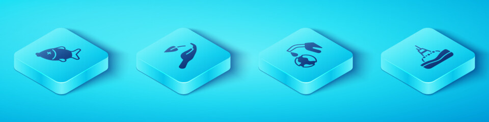 Obraz premium Set Isometric Dead fish, Sprout in hand, Floating buoy on the sea and Gas pump nozzle globe icon. Vector