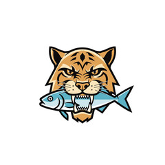 Fototapeta premium Fierce tiger head biting a fish, aggressive predator, hunting, wild animal, nature, wildlife, food chain