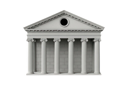 A gray building with columns and a triangular roof