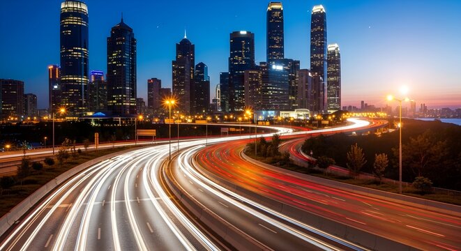 Graceful curves of a bright expressway sweep across the foreground, their white and red light trails guiding the eye toward a cluster of sleek high‑rise towers that glitter against a clear, fading dus