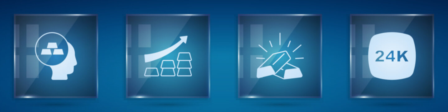 Set Gold bars, Growth arrow with gold, and 24k. Square glass panels. Vector