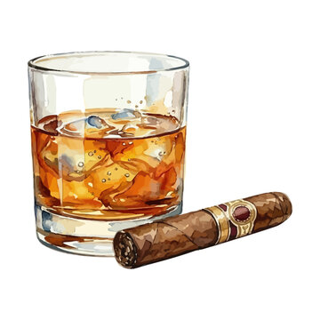 Watercolor illustration of whiskey and cigar