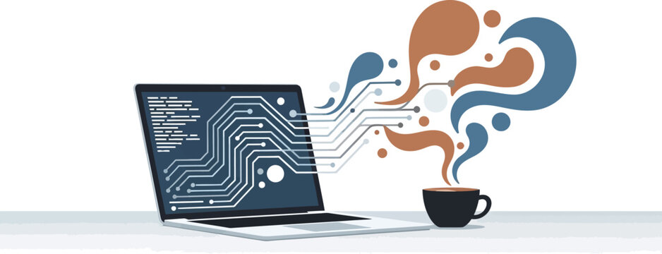 Digital concept illustrating the complex synergy between computer programming code and creative ideas emerging from coffee steam.