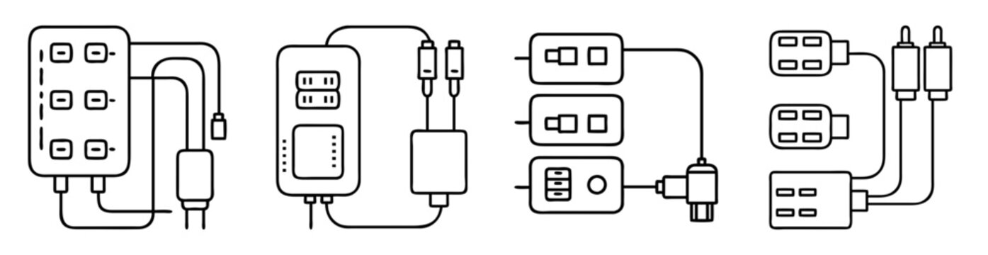 Collection of various electrical boxes outlets connectors and plugs in line art