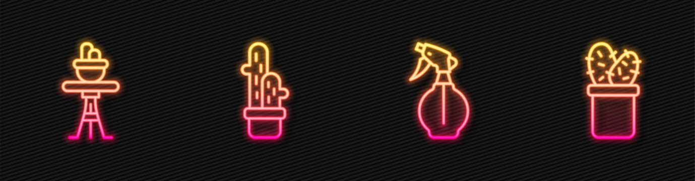 Set line Water spray bottle, Plant in pot on table, Cactus peyote and . Glowing neon icon. Vector