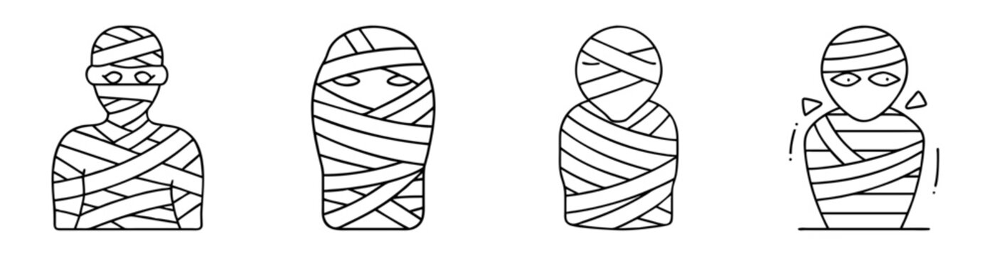 Four different mummy designs in black and white line art illustration