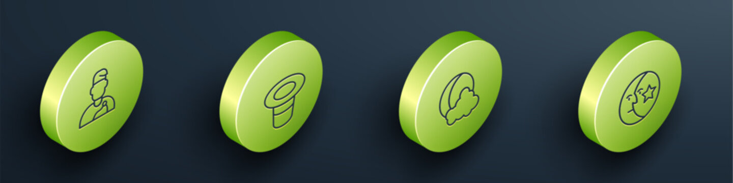 Set Isometric line Wizard warlock, Magic hat, Moon and stars and icon. Vector