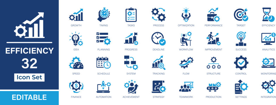 Efficiency 32 fill icon set. Productivity, performance, optimization, workflow, strategy, analytics, growth, tracking, monitoring, automation, integration vector icons.