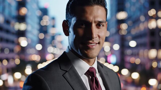 Professional Businessman Posing Confidently in Cityscape at Night.