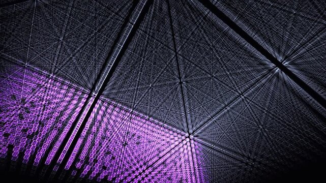 Ultraviolet scanner sweeps a dense 3D memory block grid, dissolving orphaned data into digital ash. Visualizes system garbage collection. Ideal for enterprise IT and data center brand films.
