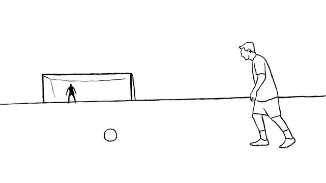 rotoscope animation of football player kick the ball into goal. line drawing style. available in 2 background mode, green and white.