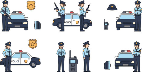 Police Officer Vector Set Featuring Uniformed Officer, Police Car, Badge, Radio, and Tactical Gear for Law Enforcement and Security Designs © MstRoysha