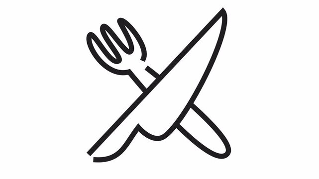 Crossed fork and knife line art icon in an alpha channel. Minimalist cutlery logo design. Restaurant dining symbol with fork and knife outlines. Kitchen utensils graphic in cartoon animation.