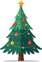 Fototapeta premium Christmas tree with red and gold ornaments, green branches, yellow star on top, decorated festive holiday symbol