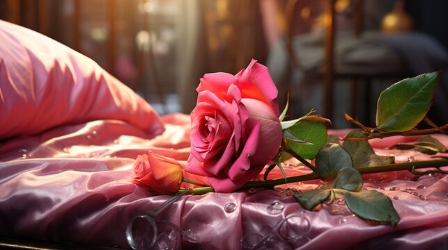 Pink Rose on Shiny Pink Fabric with Blurred Background