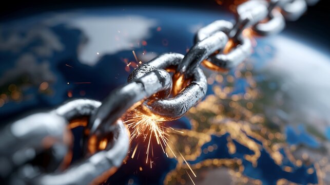 Steel chain link with sparks and blurred globe background